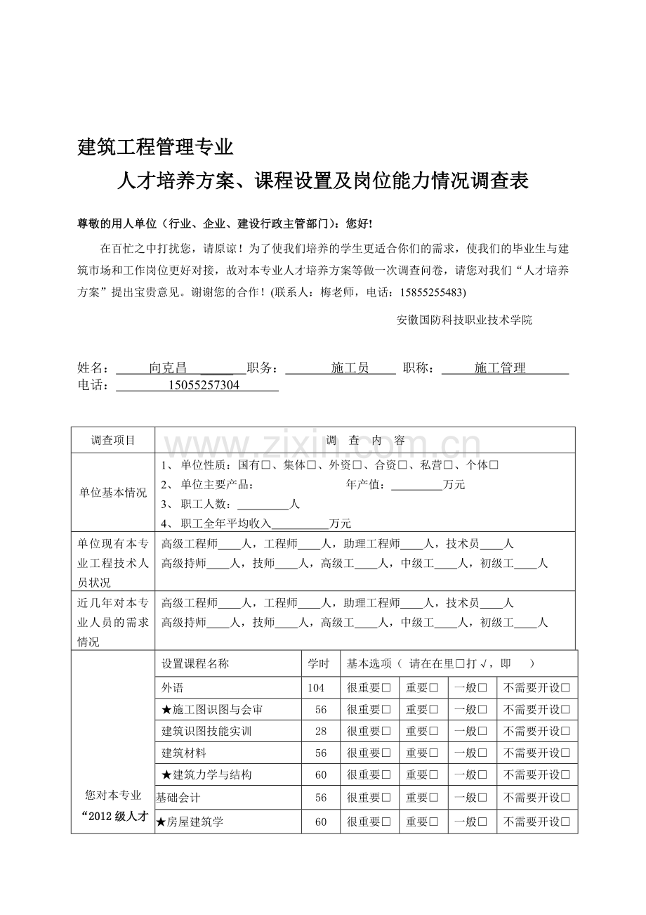 建筑工程技术专业人才培养方案、课程设置及岗位能力情况调查表.doc_第1页