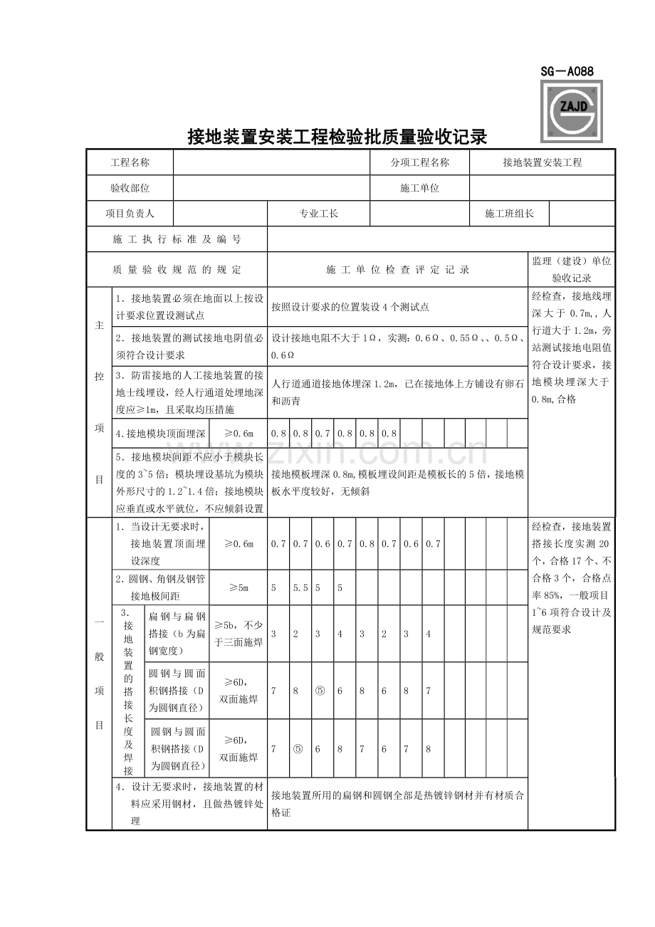 SG-A088接地装置安装工程检验批质量验收记录.doc_第1页