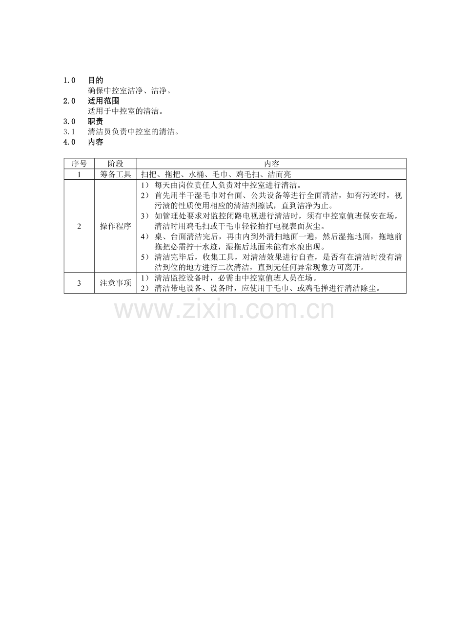 物业管理资料之中控室清洁规程模板.doc_第1页