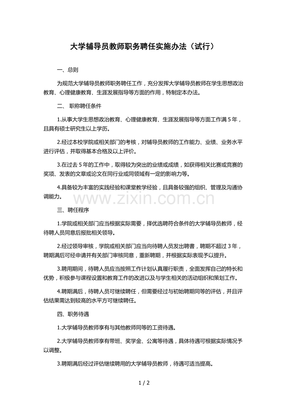 大学辅导员教师职务聘任实施办法(试行).docx_第1页