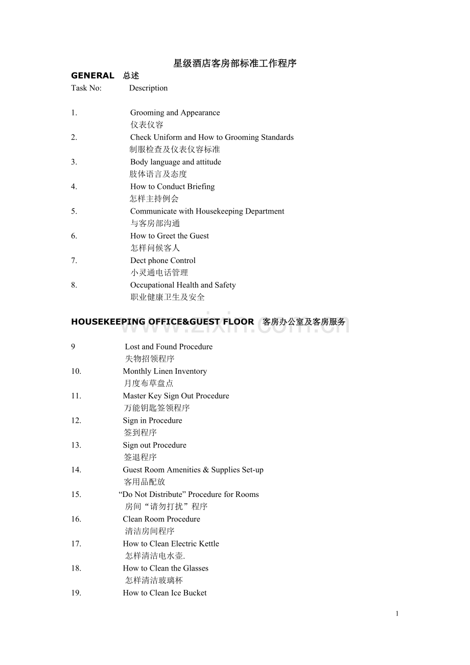 五星级酒店客房部标准工作程序sop(中英文).doc_第1页