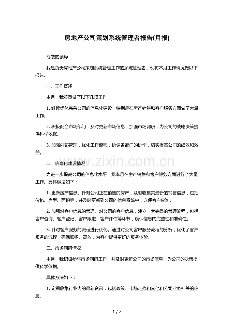 房地产公司策划系统管理者报告(月报).docx_第1页