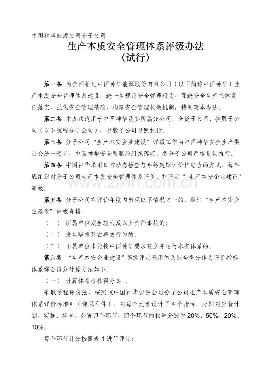 中国神华能源公司分子公司生产本质安全管理体系评级办法.doc_第1页