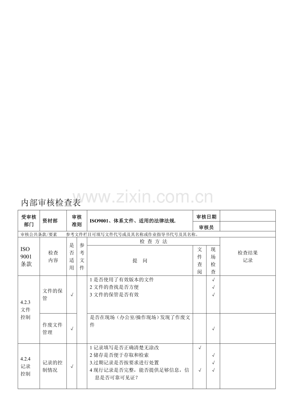 内部审核检查表资材部.doc_第1页