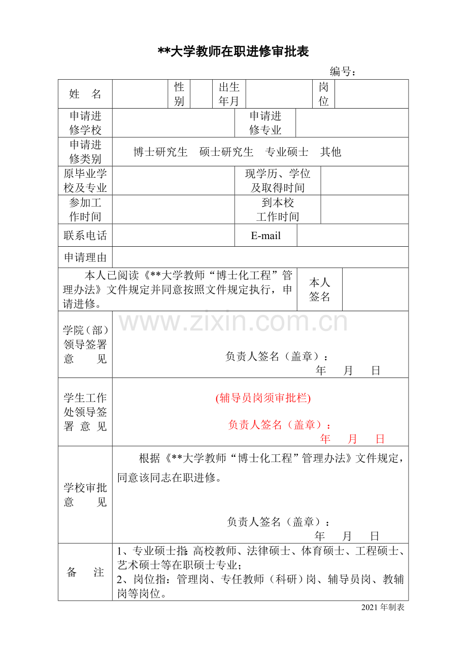 大学教师在职进修审批表.doc_第1页