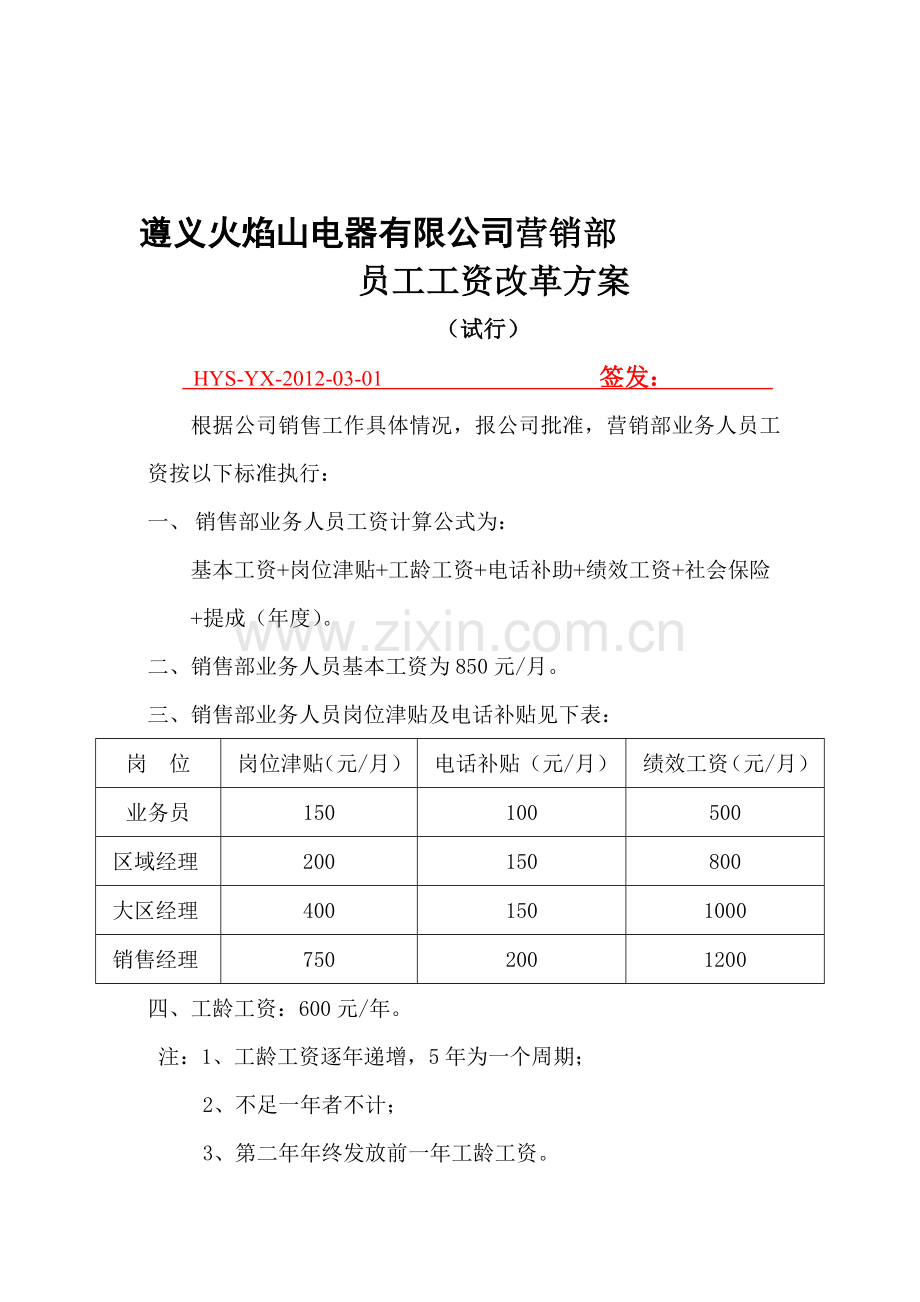 营销部工资标准和绩效考核标准.doc_第1页