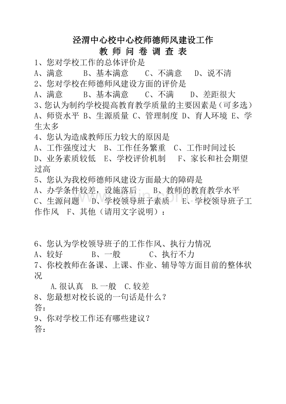 师德师风建设问卷调查表(教师).doc_第1页