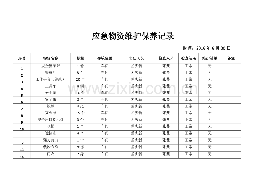 应急物资维护保养记录.doc_第1页