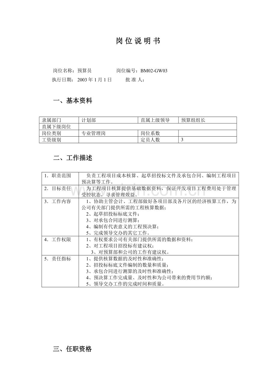 房地产公司预算员岗位说明书模版.doc_第1页