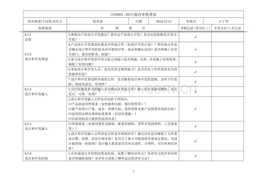 ISO9001-2015版-技术部-内审检查表.doc_第2页