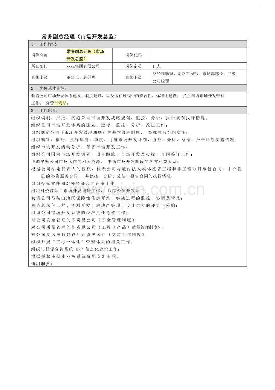 国有企业常务副总经理(市场开发总监)岗位职责模版模版.docx_第1页