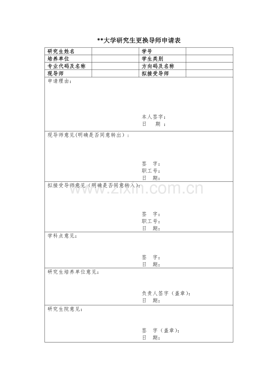 大学研究生更换导师申请表.docx_第1页