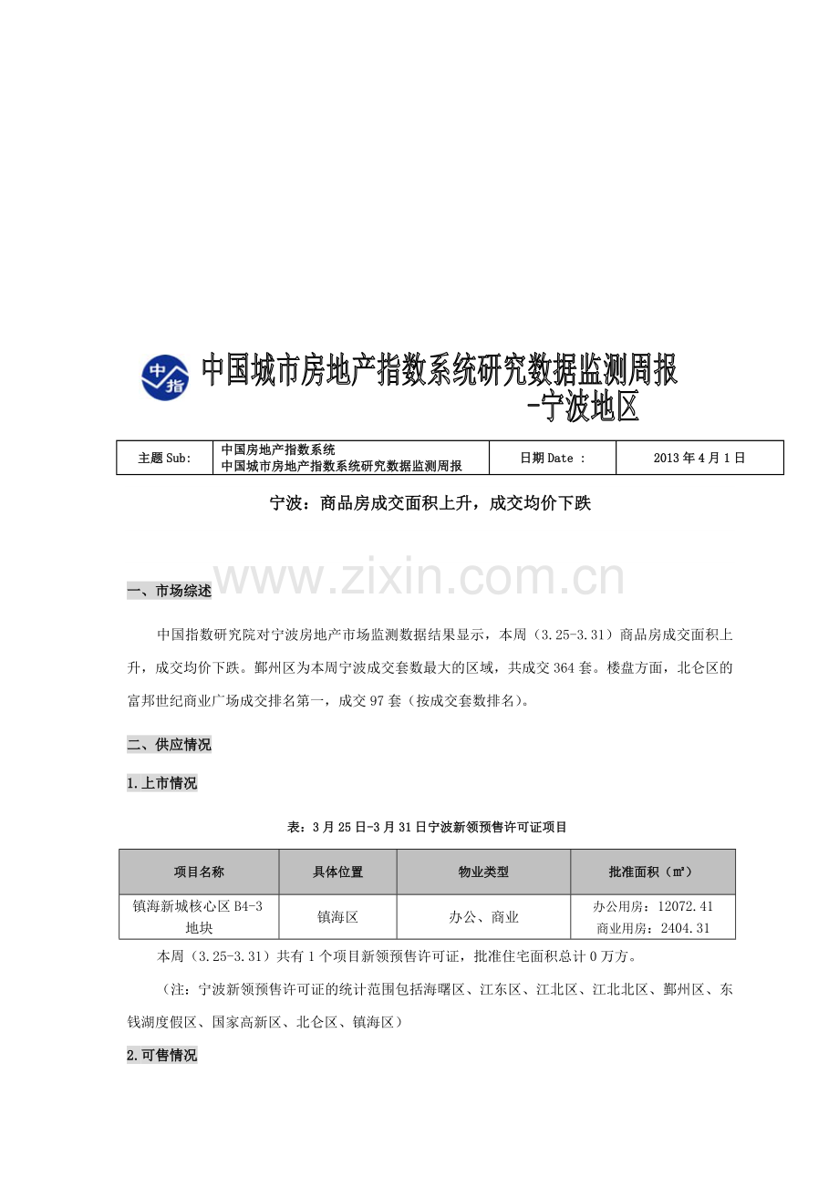 中国房地产指数系统数据信息周报-宁波地区(2013年3月25日-3月31日).doc_第1页