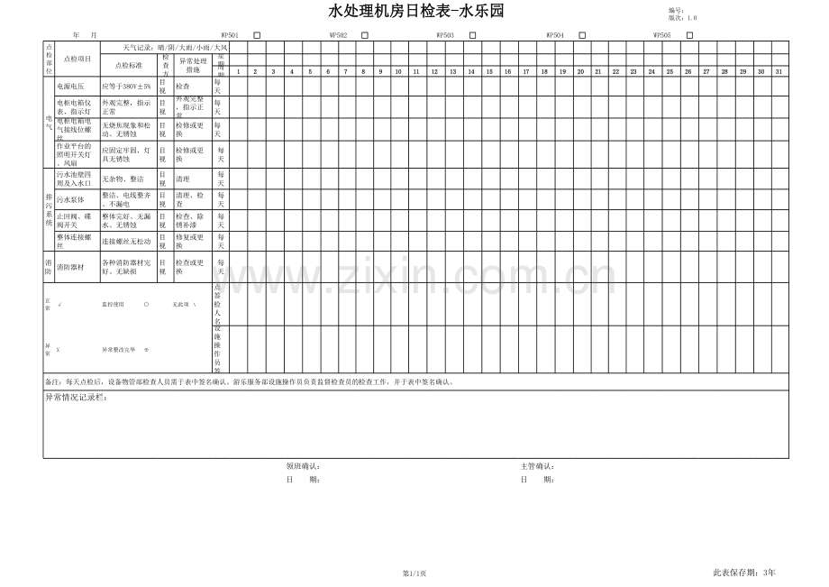 水乐园水处理机房设备日检表模版.xls_第1页