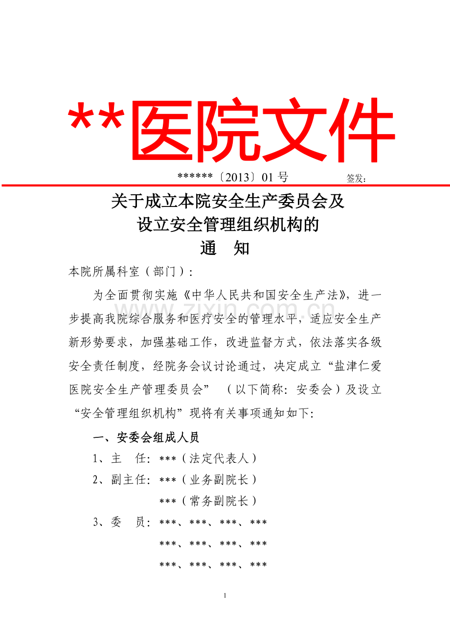 民营医院安全管理机构文件、任命书及组织机构图.doc_第1页