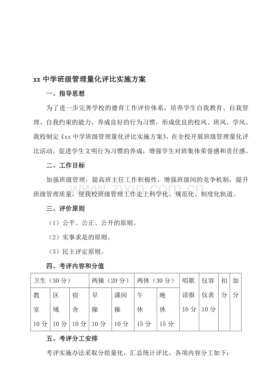 xx中学班级管理量化评比实施方案.doc_第1页