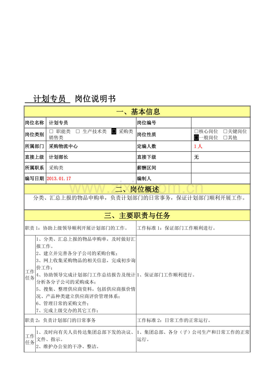 计划专员岗位职责说明书(精细化管理模板).doc_第1页