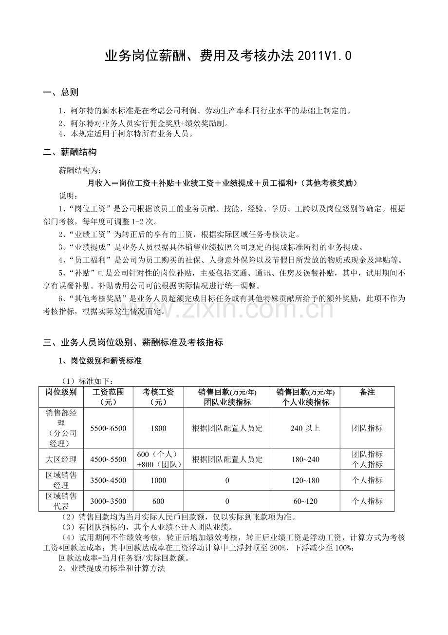 柯尔特业务人员薪酬和绩效考核规定.doc_第1页