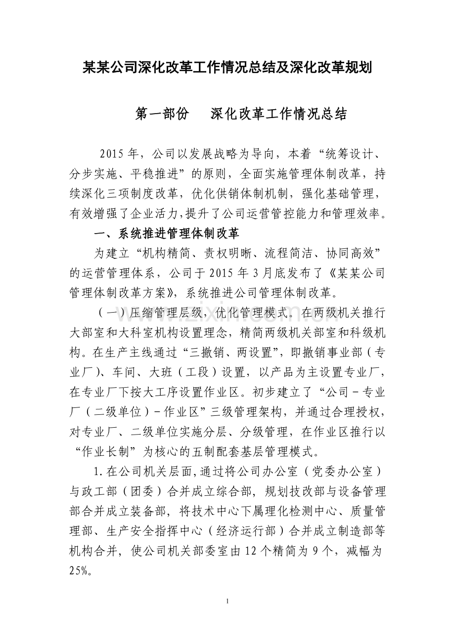 某某公司深化改革工作情况总结及深化改革规划.doc_第1页