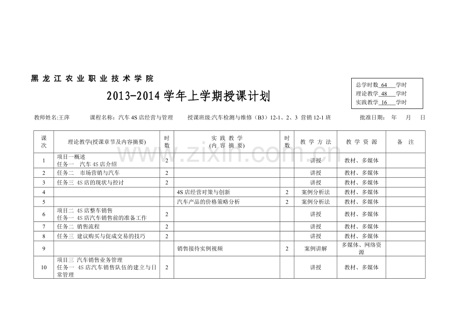 4S管理与经营(64学时)授课计划.doc_第1页