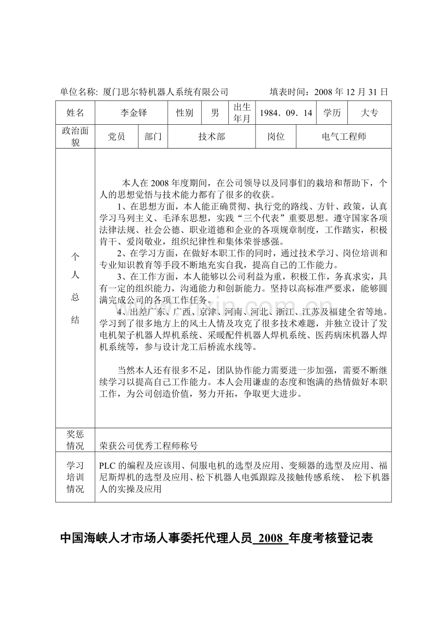 中国海峡人才市场人事委托代理人员---年度考核登记表(李金铎).doc_第1页