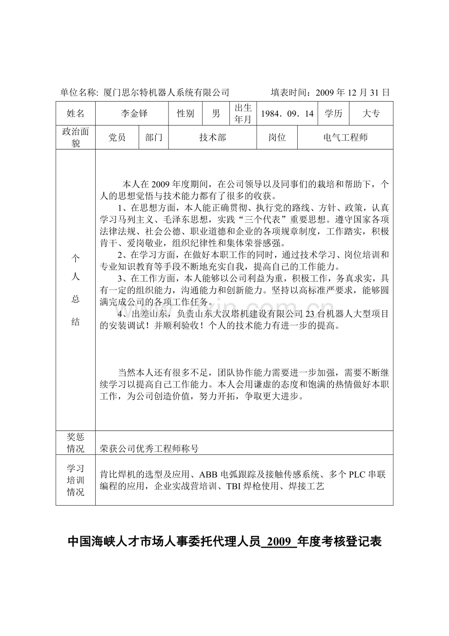 中国海峡人才市场人事委托代理人员---年度考核登记表(李金铎).doc_第3页