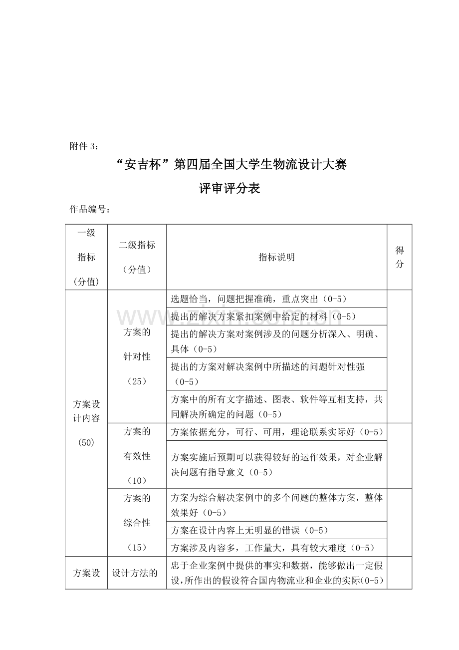 第四届全国大学生物流设计大赛评审评分表3.doc_第1页