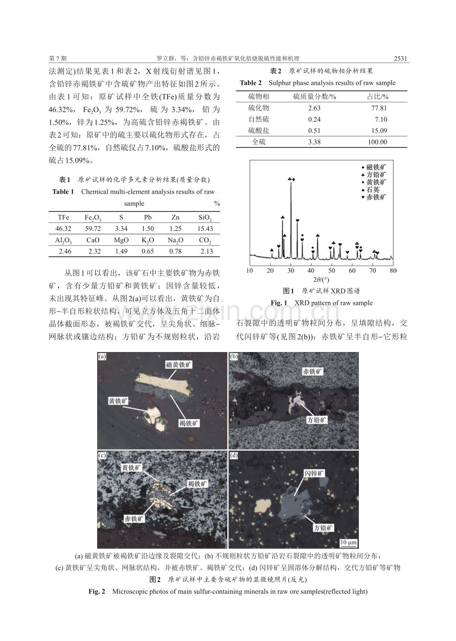 含铅锌赤褐铁矿氧化焙烧脱硫性能和机理.pdf_第3页