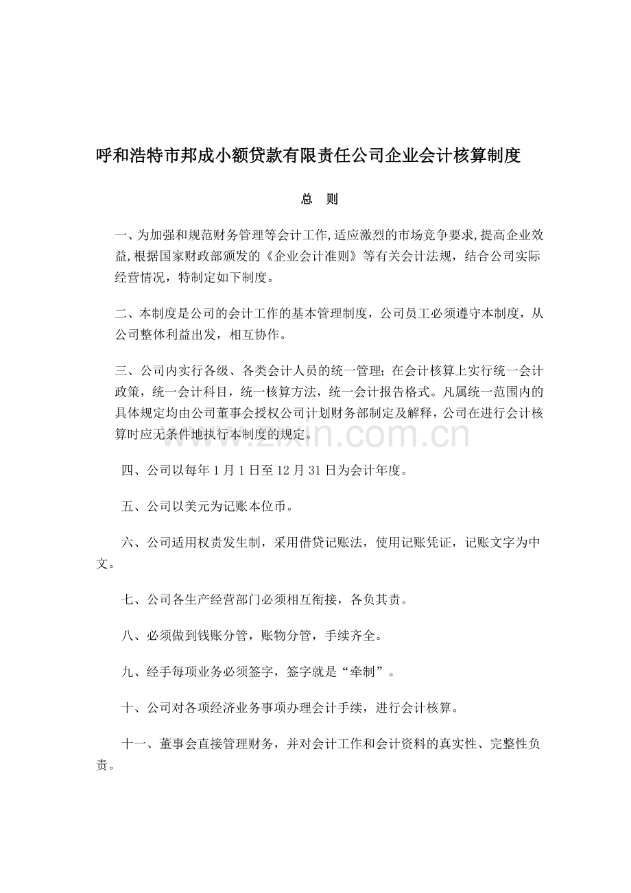 呼和浩特市邦成小额贷款有限责任公司会计核算制度.doc_第1页