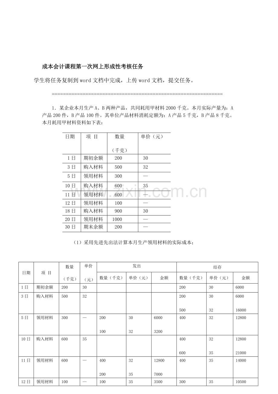 2013年成本会计(电大)课程第一次网上形成性考核任务.doc_第1页