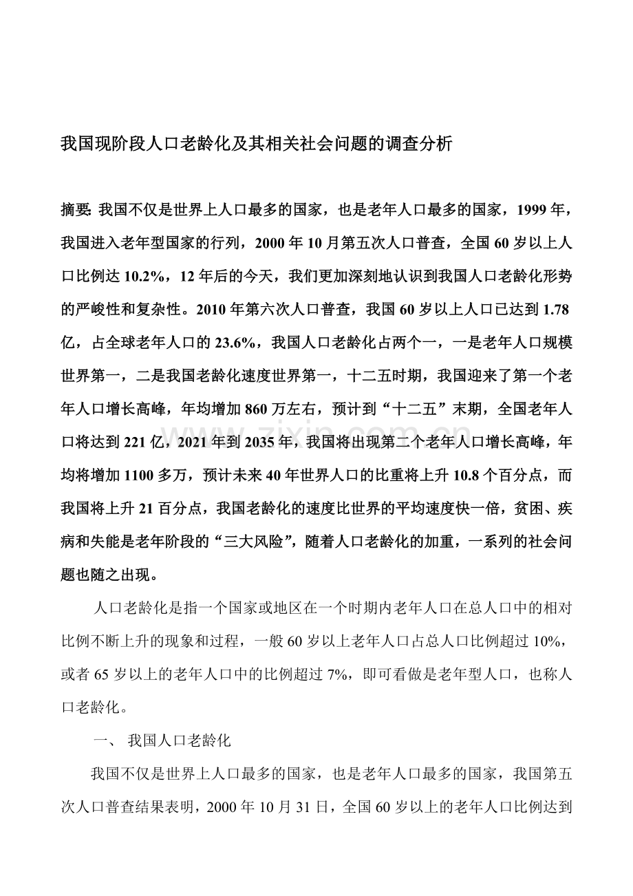 我国现阶段人口老龄化及其相关社会问题的调查分析.doc_第1页