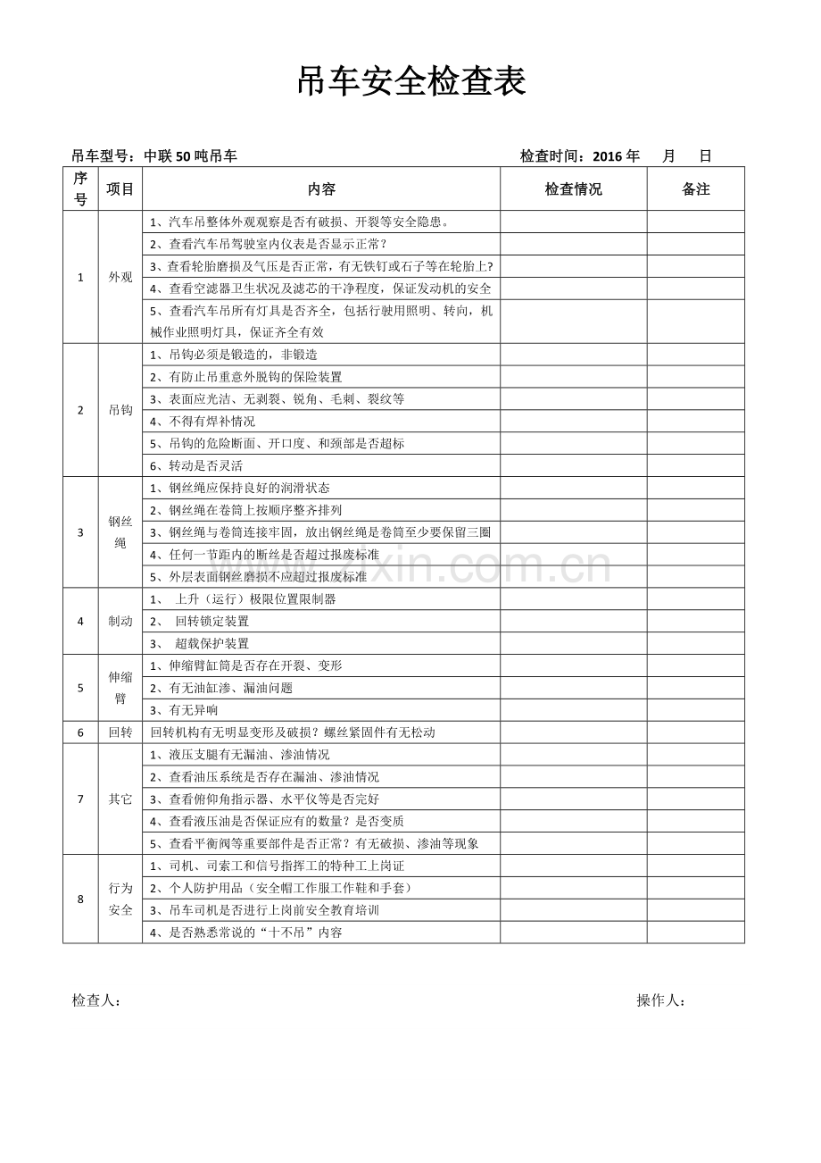 汽车吊安全检查表.doc_第1页