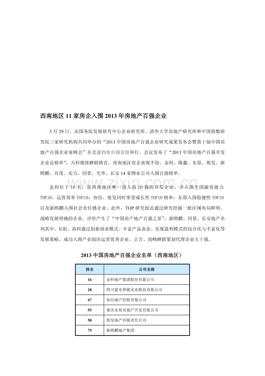 2013中国房地产百强企业(西南地区).doc_第1页