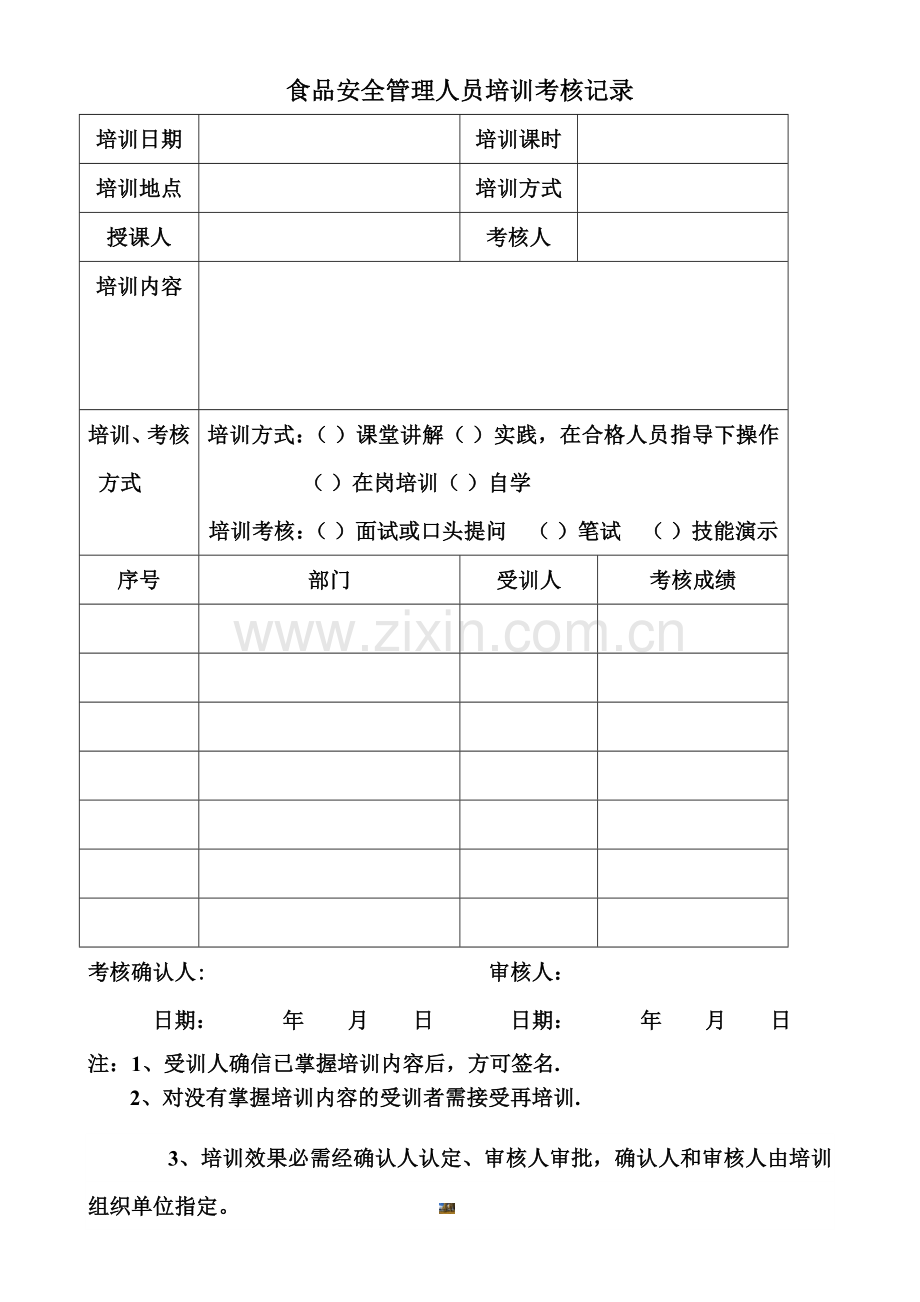 食品安全管理人员培训考核记录.doc_第1页