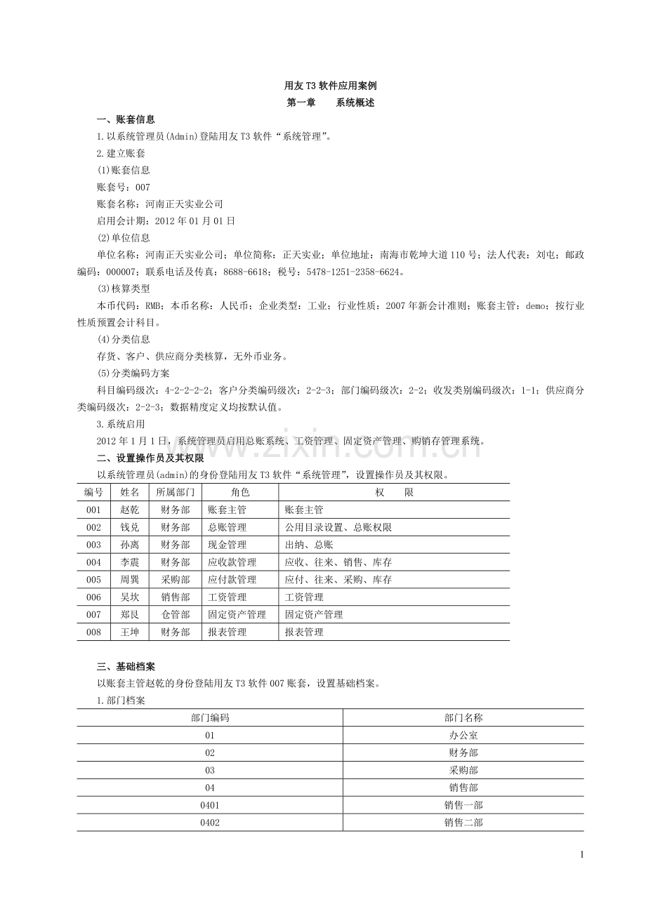 用友畅捷通T3案例(帐套、基础设置、总账、应收应付、工资、固定资产、财务报表).doc_第1页