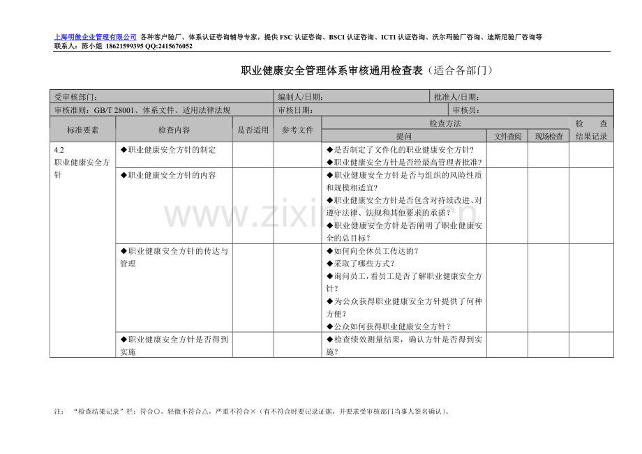 职业健康安全管理体系审核检查表.doc_第1页