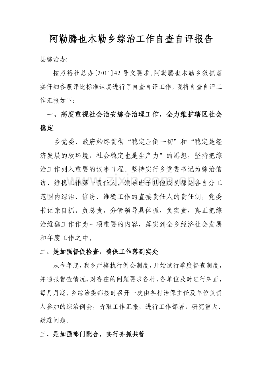 乡镇综治工作自查自评报告.doc_第1页