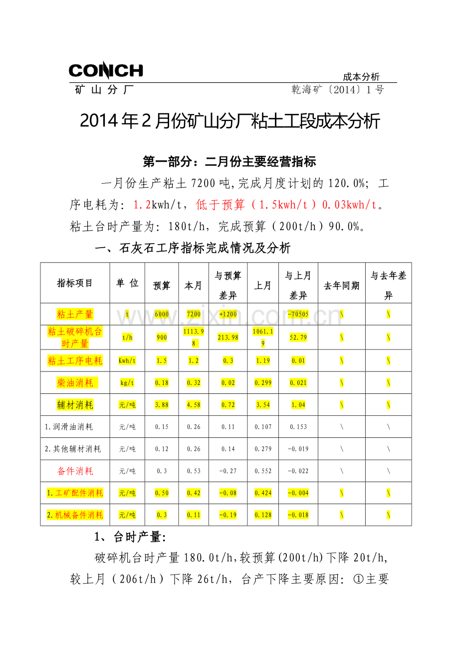 2014年2月份矿山分厂粘土工段成本分析.doc_第1页