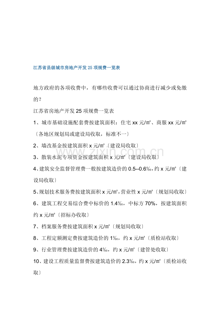 江苏省县级城市房地产开发25项规费一览表.doc_第1页