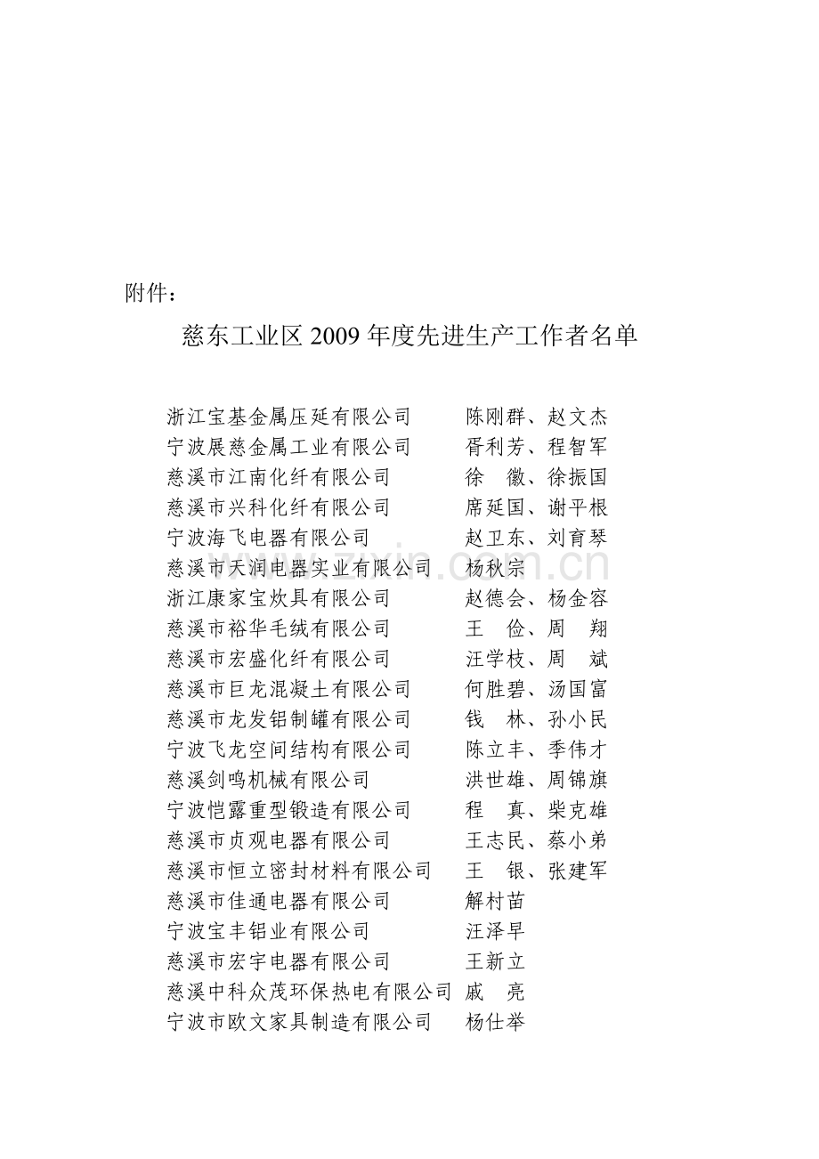 慈东工业区2009年度先进生产工作者名单.doc_第1页