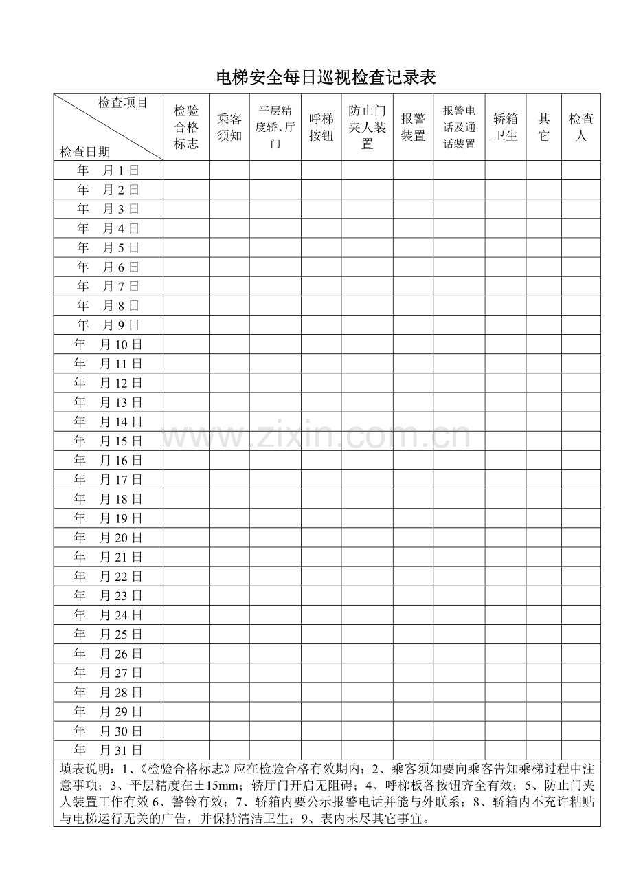 电梯安全日常检查记录表.doc_第1页