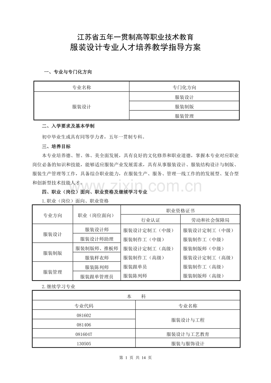 五年制高职-服装设计专业人才培养教学指导方案.doc_第1页