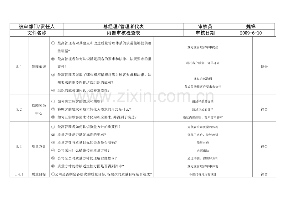 1总经理管代-条文内部审核检查表1.doc_第2页