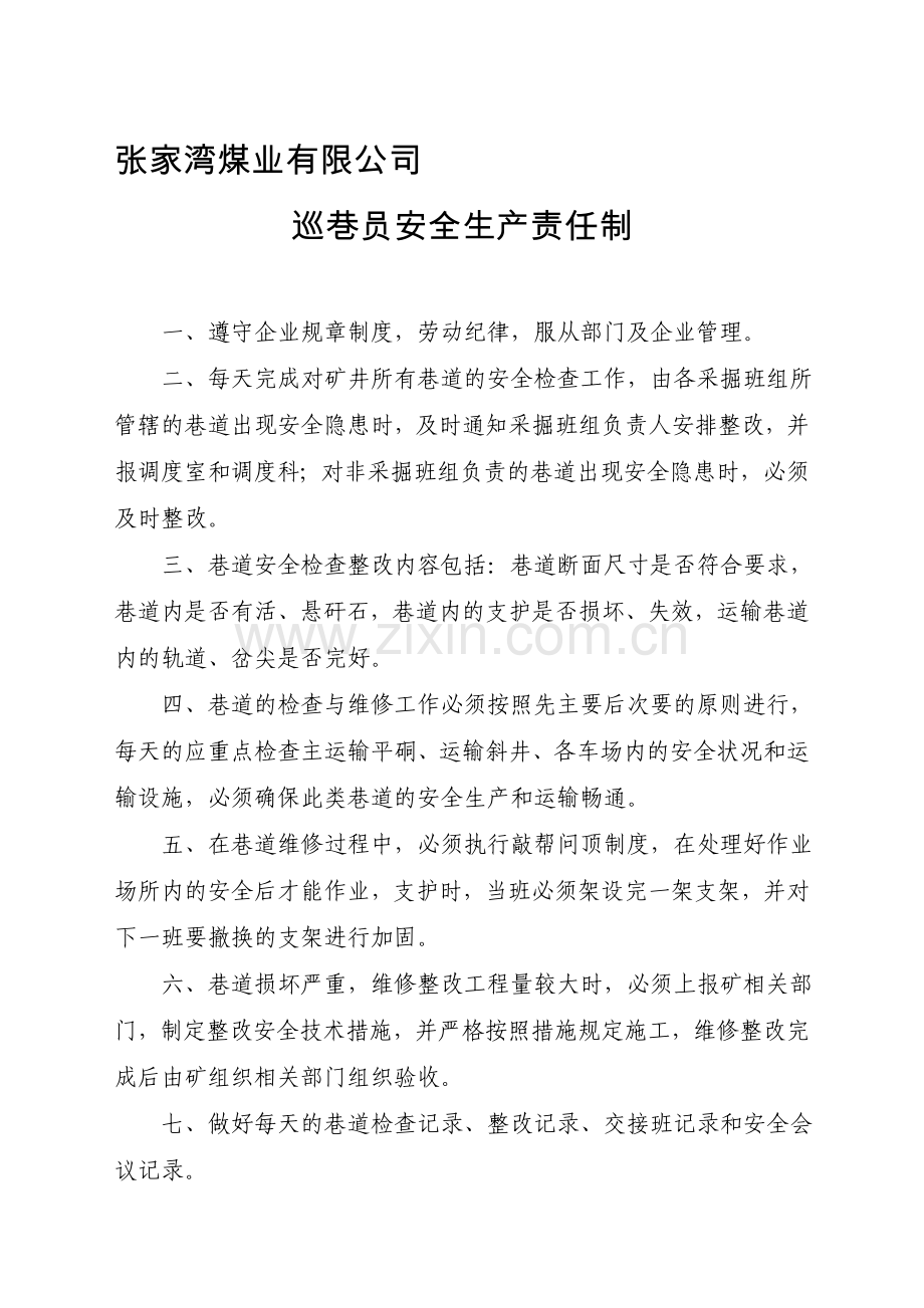 张家湾煤业有限公司巡巷员安全生产责任制1.doc_第1页