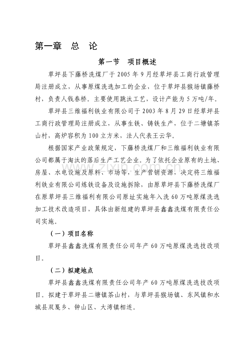 年入洗原煤60万吨技改工程项目可行性研究报告1.doc_第1页