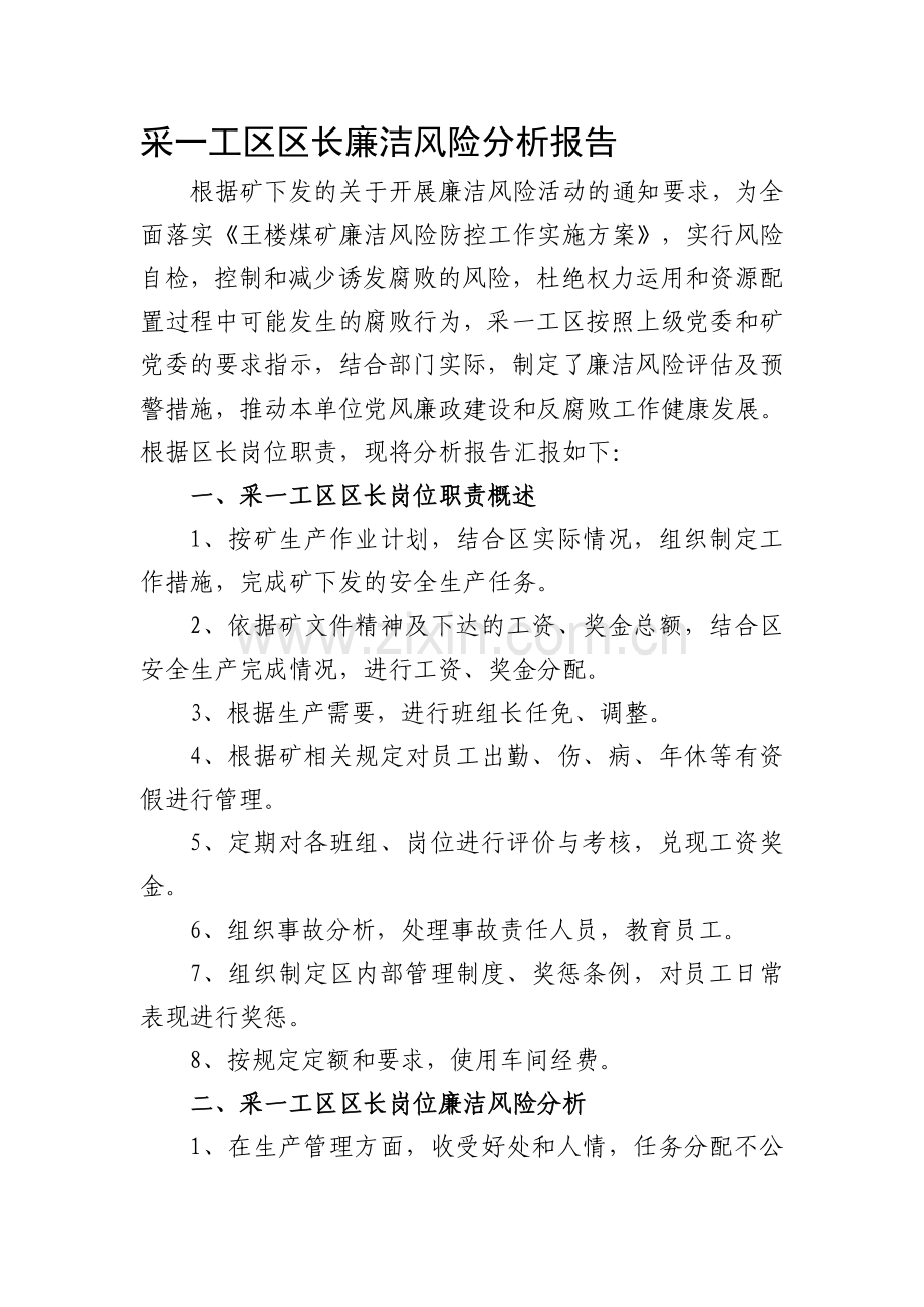 采一工区区长廉洁风险分析报告.doc_第1页