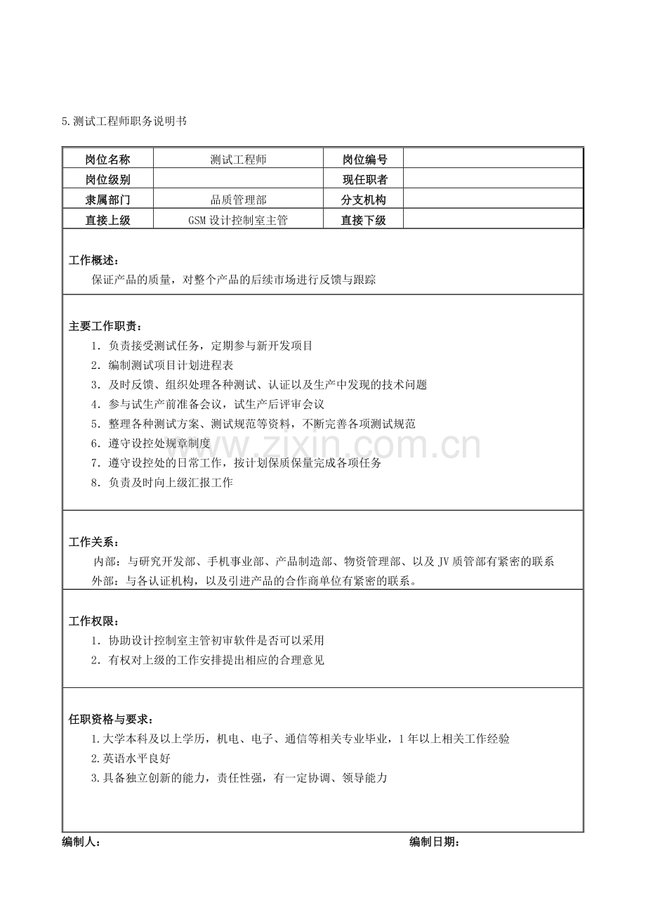 5.测试工程师职务说明书.doc_第1页