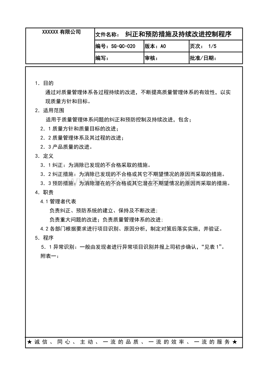 某公司ISO体系管理品质部QP-020纠正和预防措施及持续改进控制程序.doc_第1页