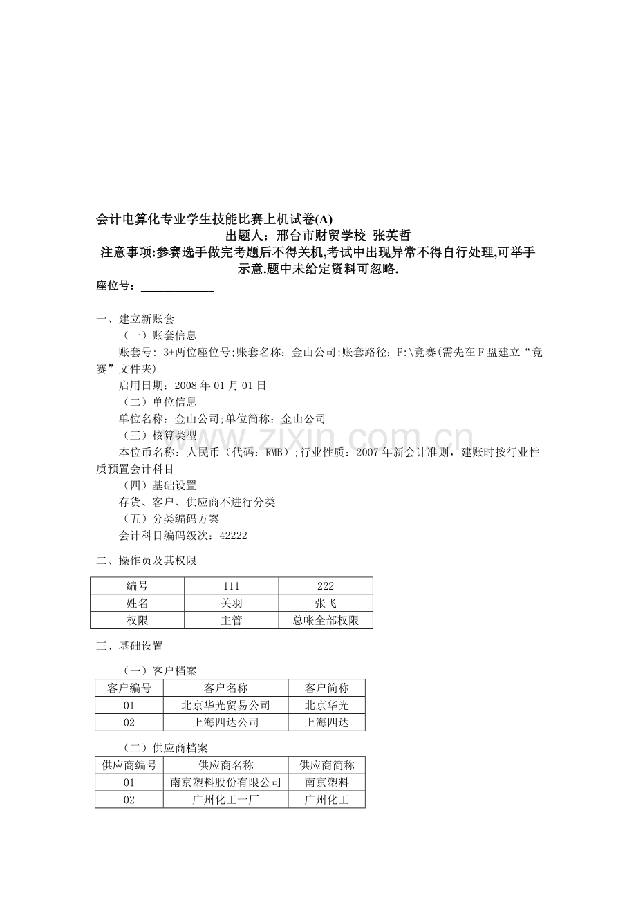 会计电算化专业上机操作比赛试题A.doc_第1页