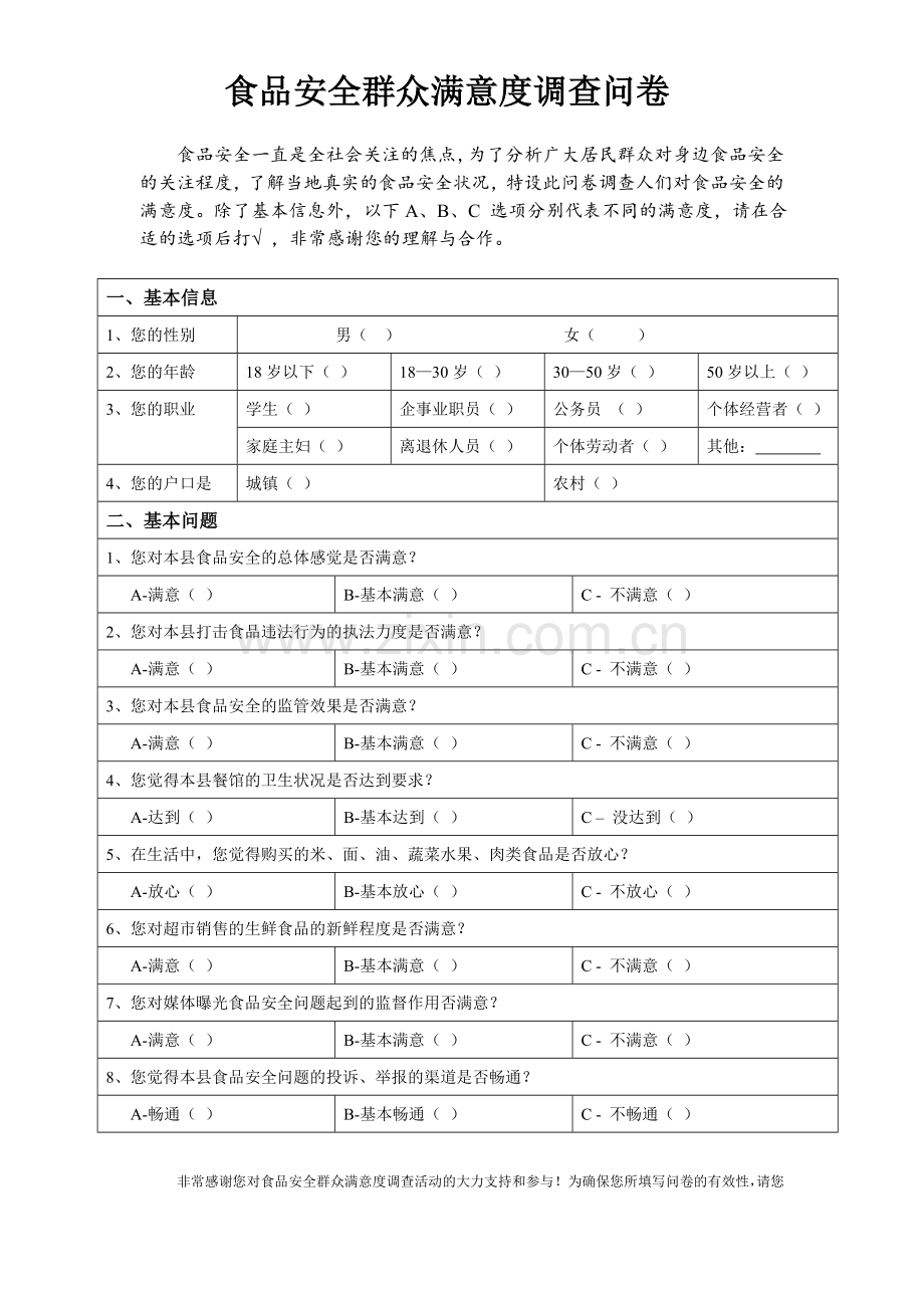 食品安全满意度调查问卷.doc_第1页